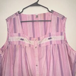 VTG PINK Kmart Striped Sleeveless Square Neck Button Lace Nightgown Pockets 3X
